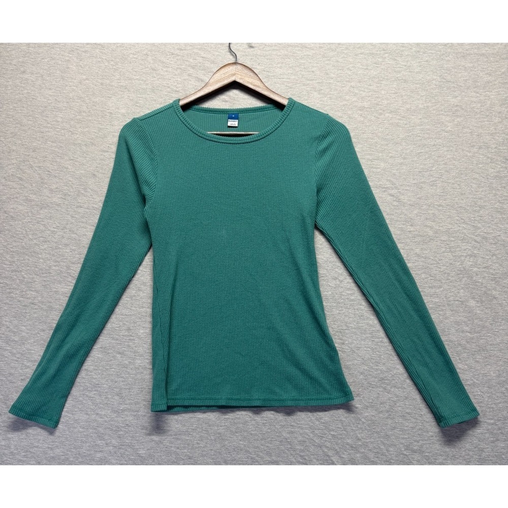 Old Navy Plush Long Sleeve Fitted Shirt Womens Medium Green Cotton Ribbed Knit